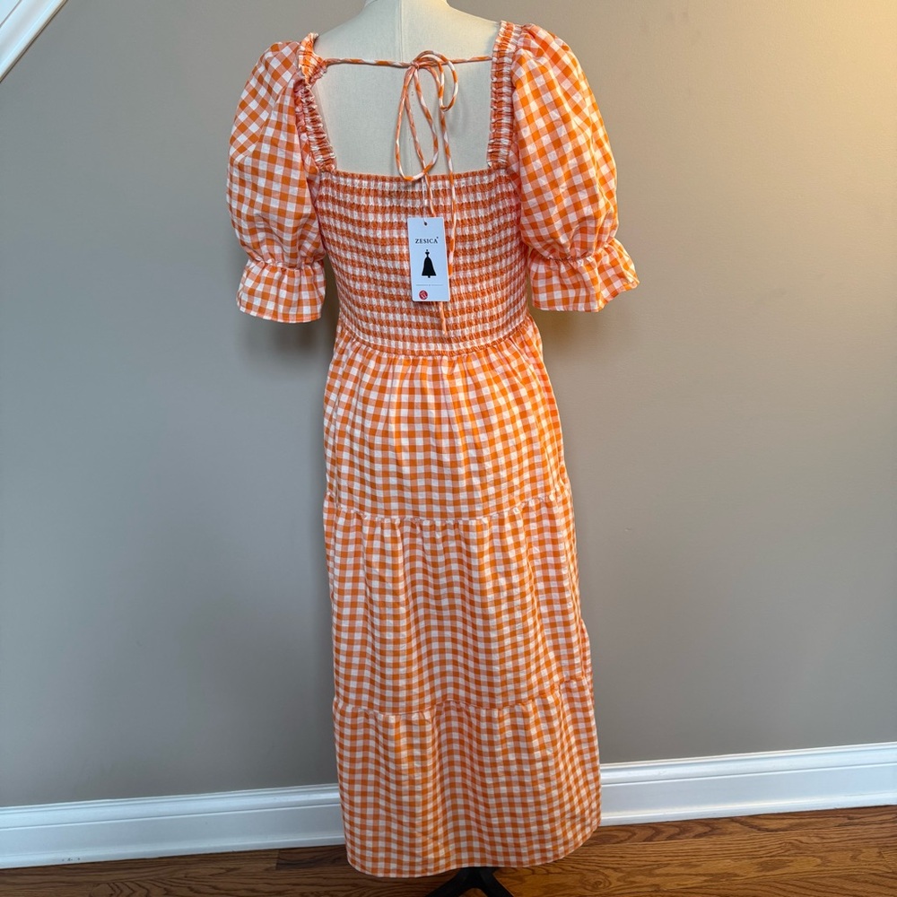 Zesica Orange Checkered Midi Dress with Puff Sleeves - Picture 6 of 15